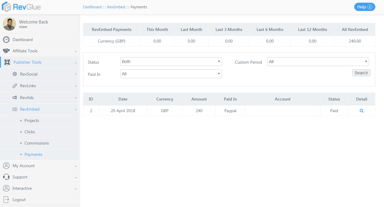 Payments Report on RevGlue