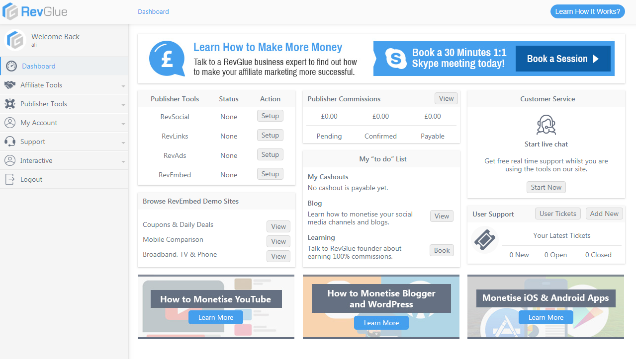 RevGlue Publishers Dashboard